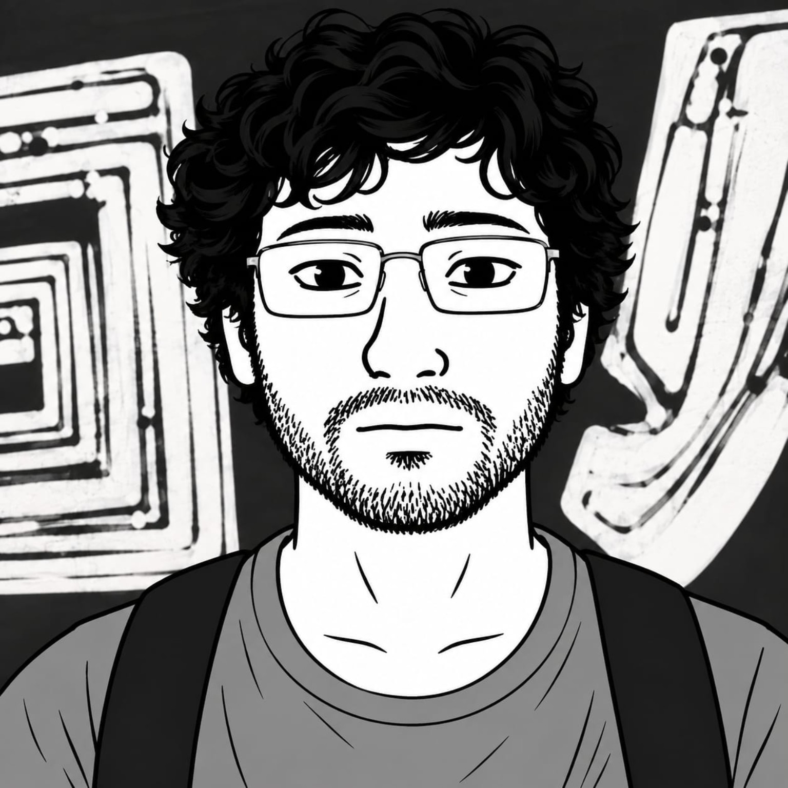 Black-and-white illustrated portrait of Syed Manzar Ali